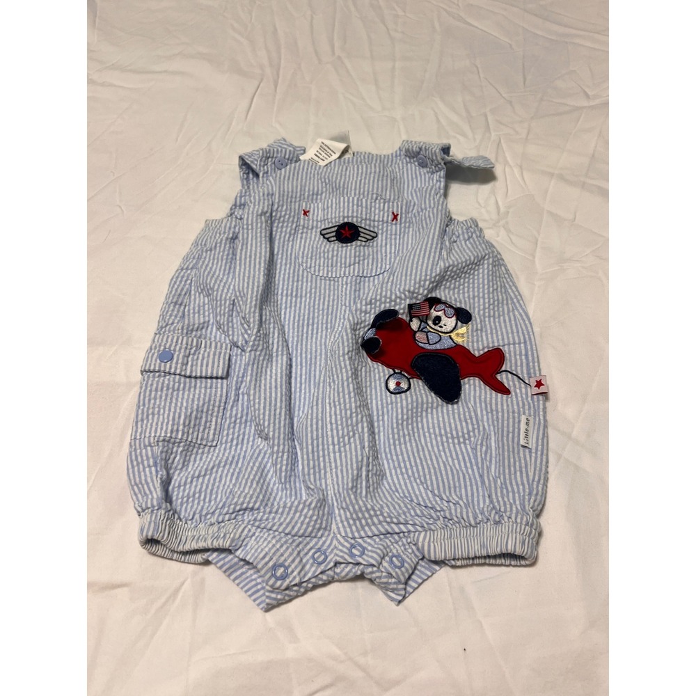 Little Me Baby Boys Blue Seersucker Airplane Pilot Dog Romper 6 Months